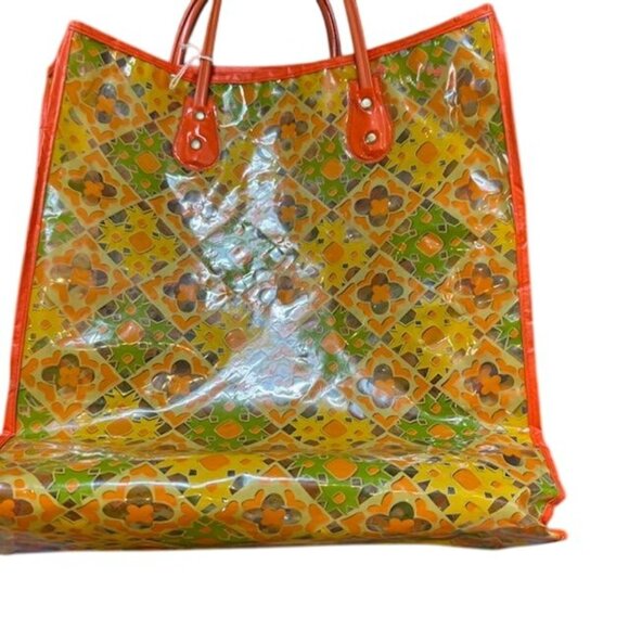 Colorful Mosaic Pattern Tote Bag With Red Handles Transparent Vinyl Exterior And - Picture 8 of 8